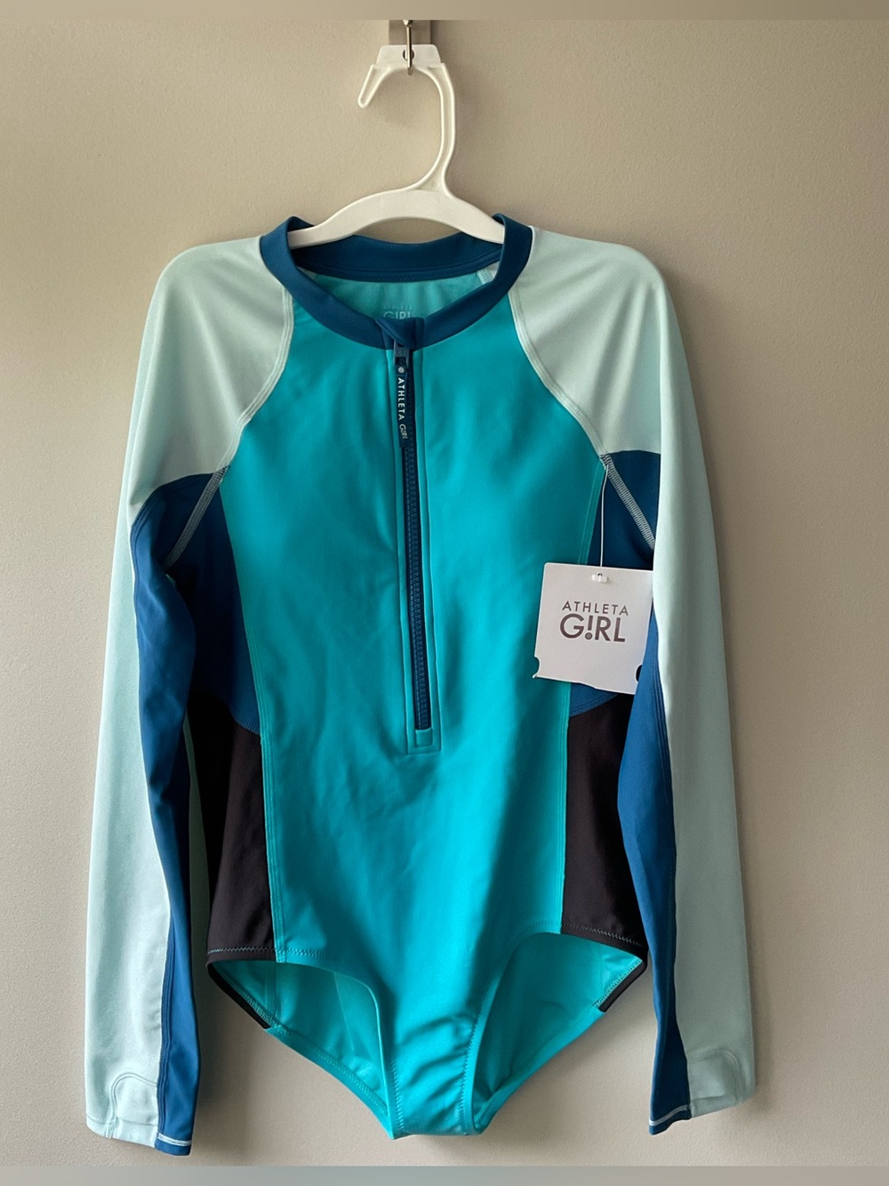 Athleta Teal, Light Blue & Navy Long-Sleeve One-Piece Swimsuit